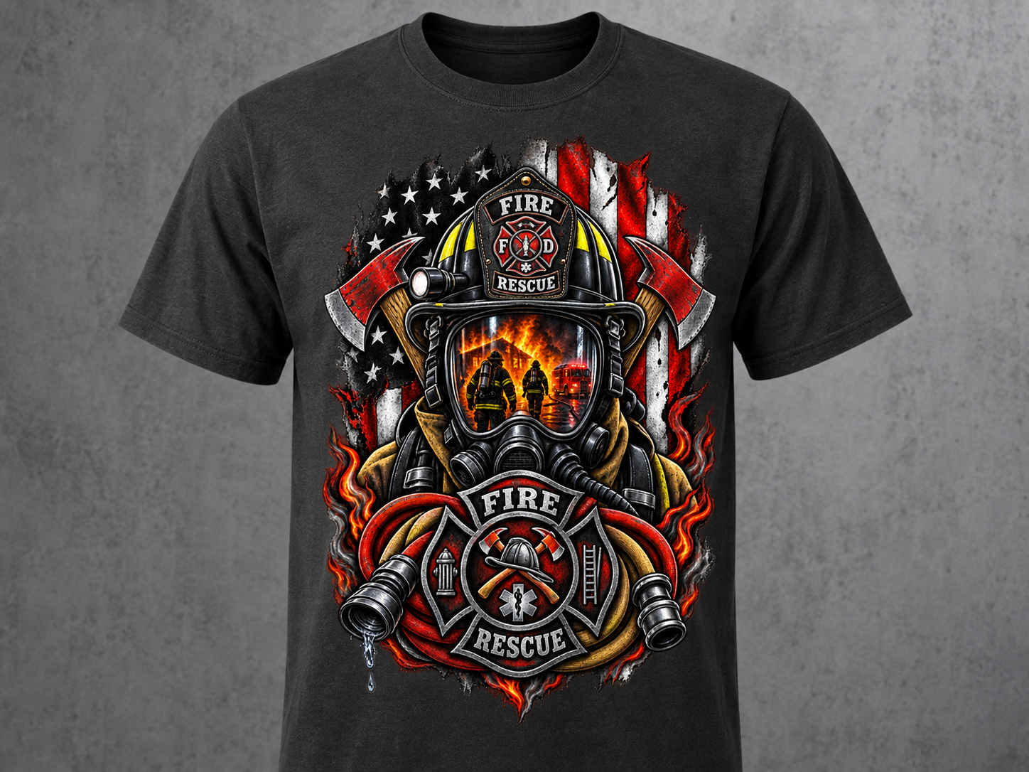 Fire Rescue American Flag – Courage Under Fire Firefighter T-Shirt