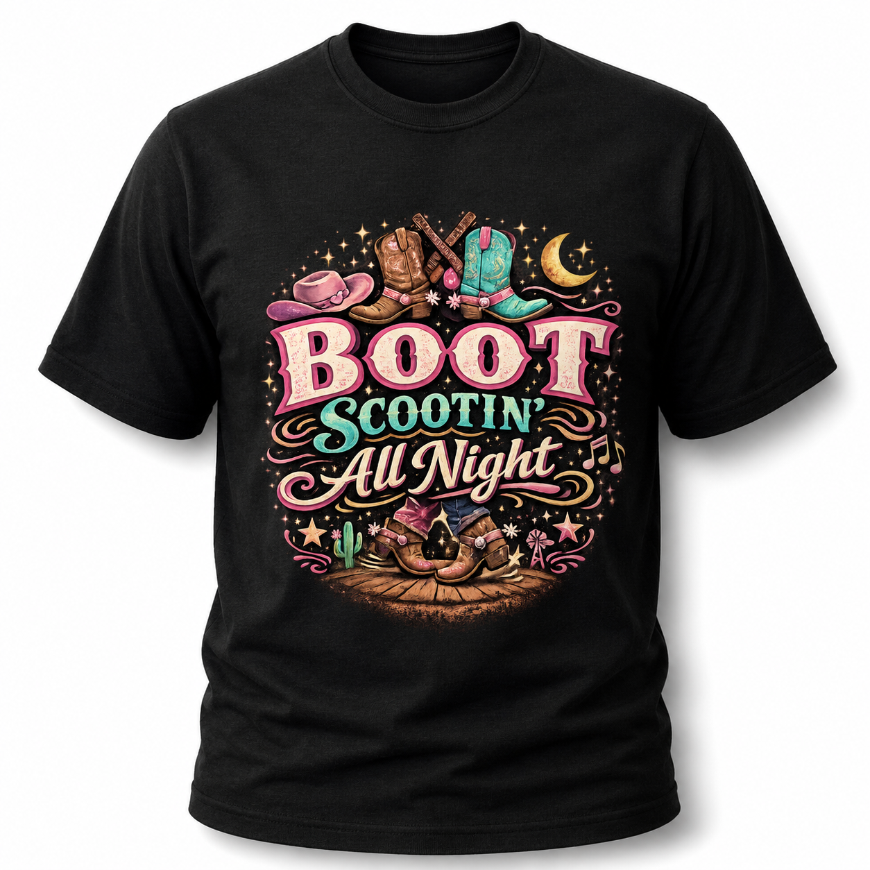 Boot Scootin' All Night Pink Cowgirl Graphic T-Shirt