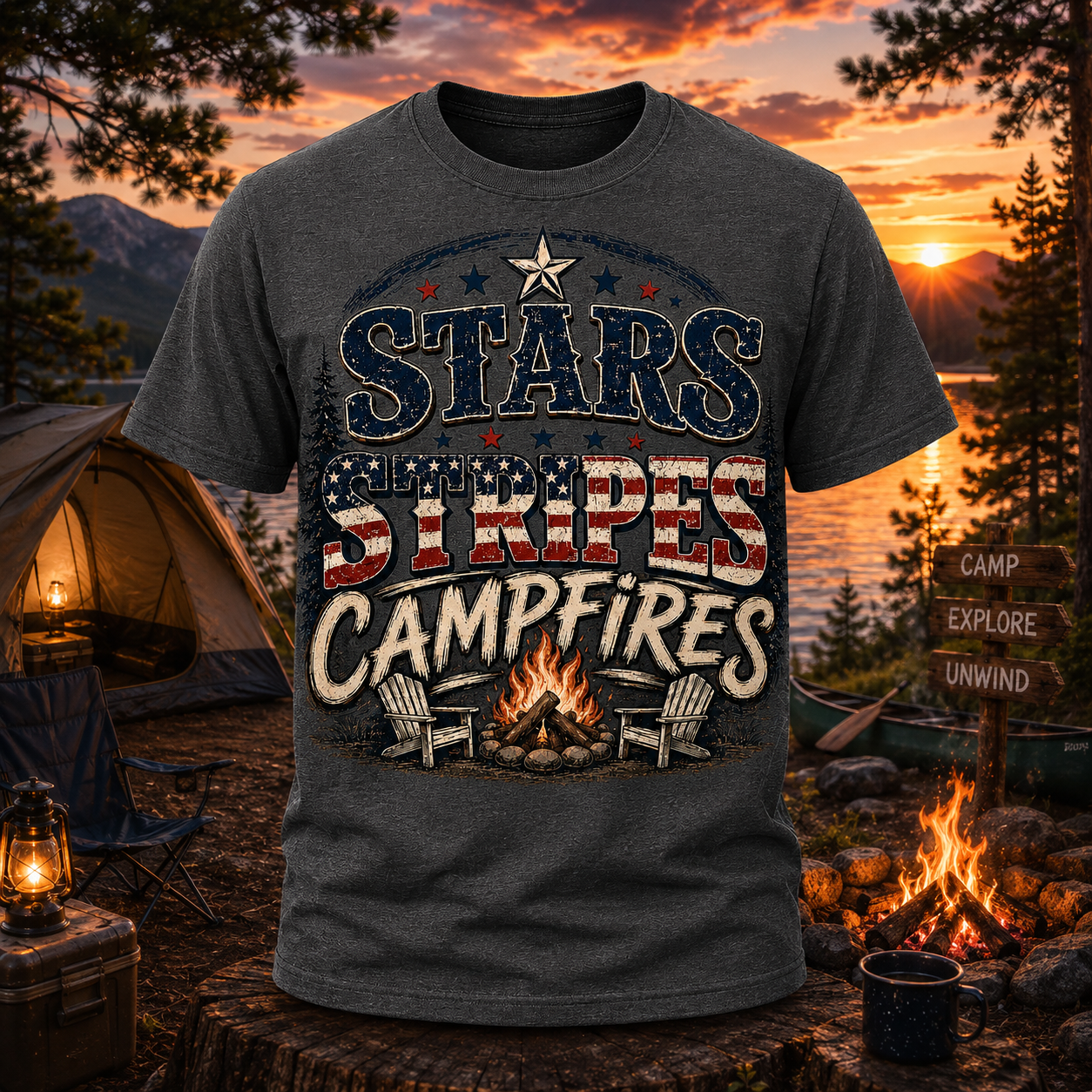 Stars, Stripes & Campfires Patriotic Camping Graphic T-Shirt