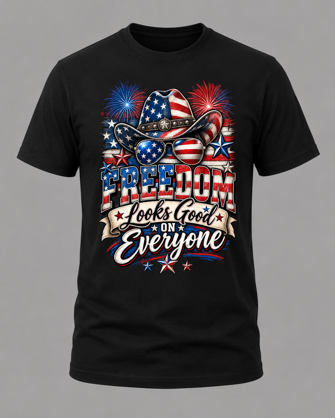 Freedom Looks Good on Everyone – Patriotic Western Graphic T-Shirt