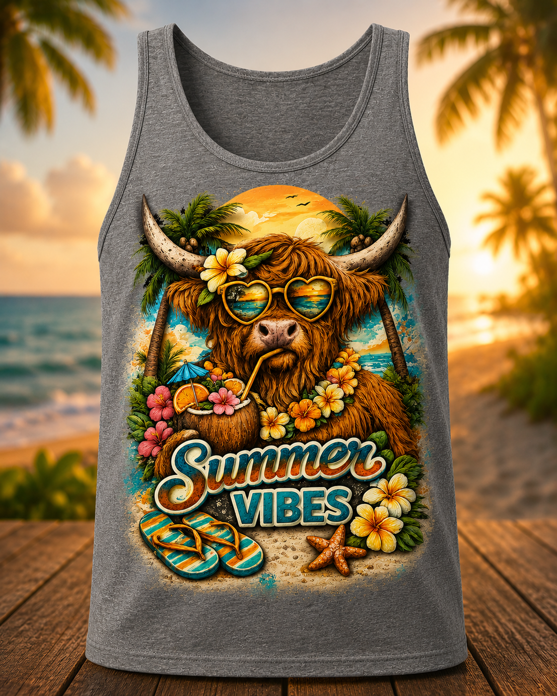Highland Cow Summer Vibes Beach Tank Top – Tropical Vacation Graphic Tank