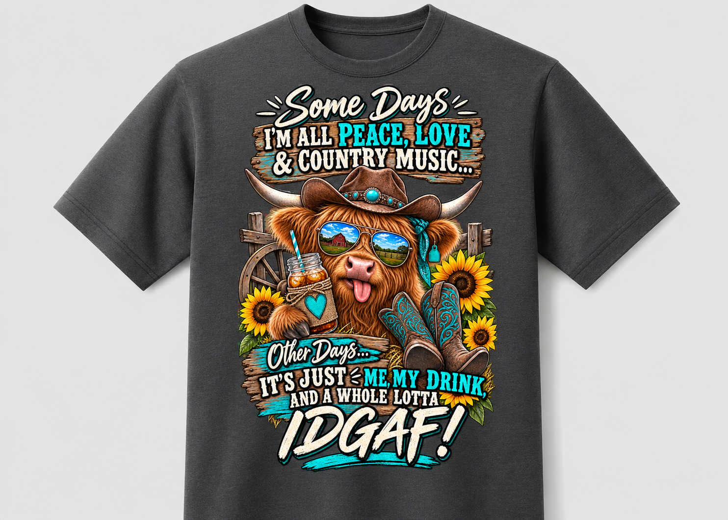 Some Days I’m All Peace, Love & Country Music – Funny Highland Cow T-Shirt