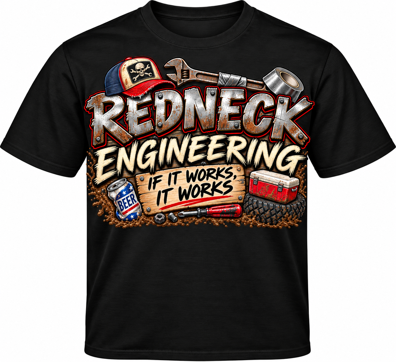 Redneck Engineering – If It Works, It Works Adult T-Shirt