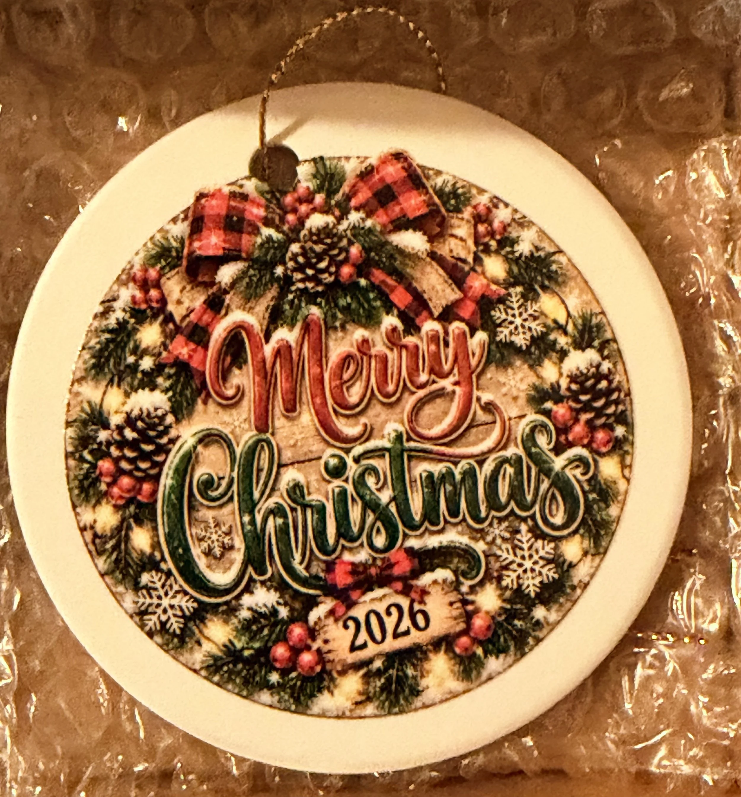 Merry Christmas 2026 Rustic Keepsake – Ceramic Christmas Ornament