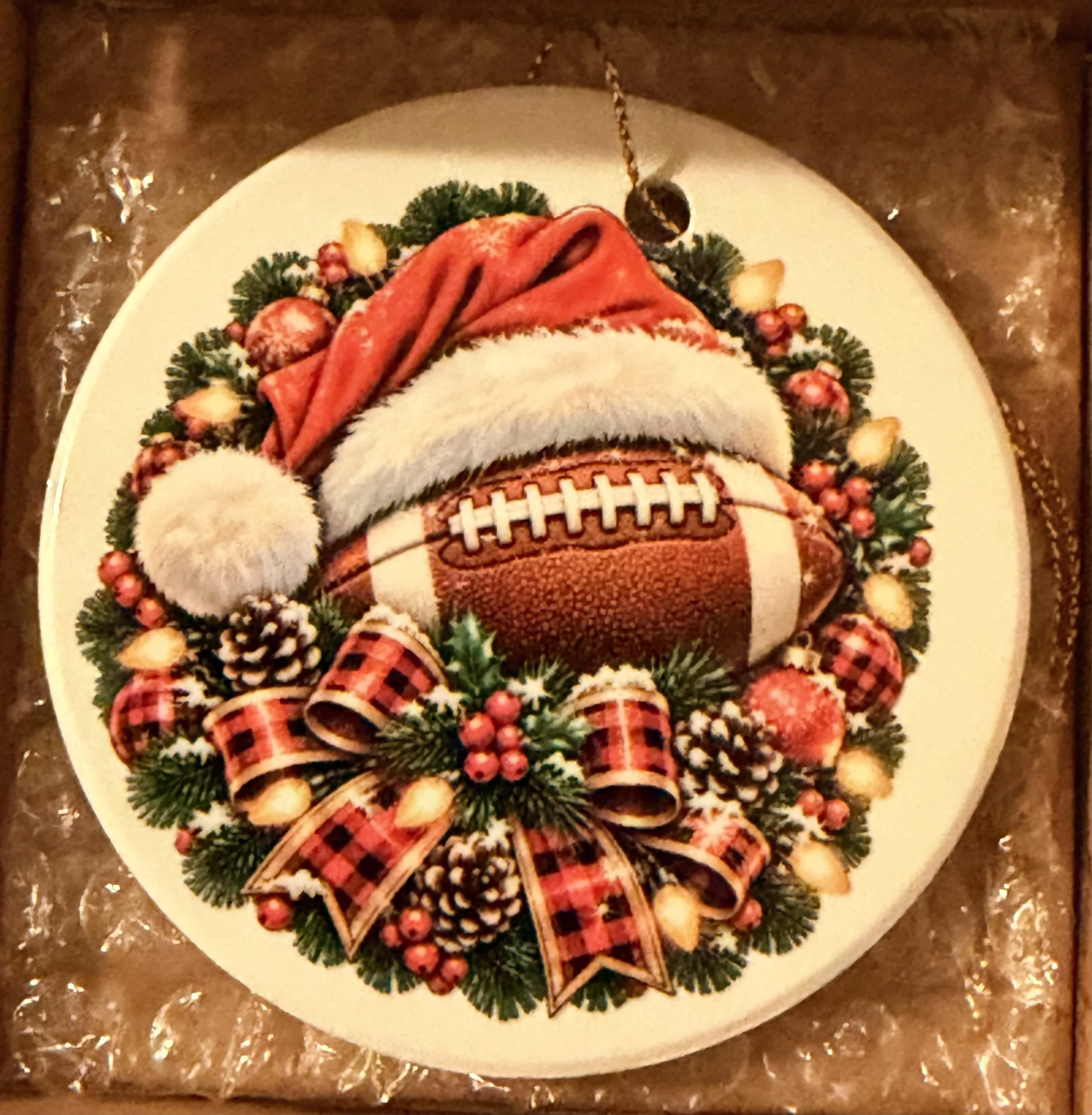 Christmas Football with Santa Hat – Ceramic Christmas Ornament