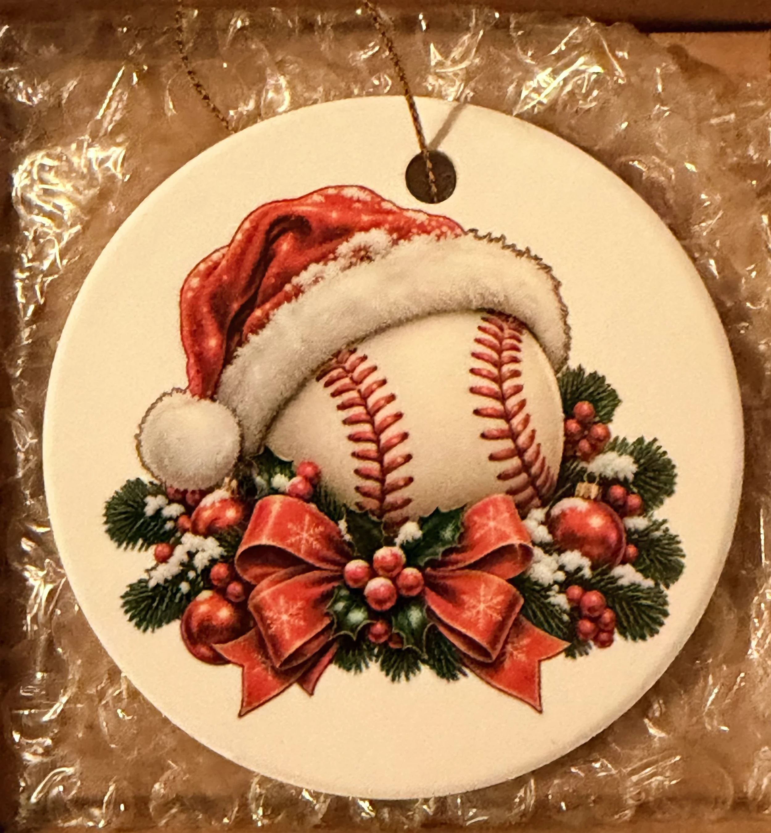Christmas Baseball with Santa Hat & Festive Bow – Ceramic Christmas Ornament