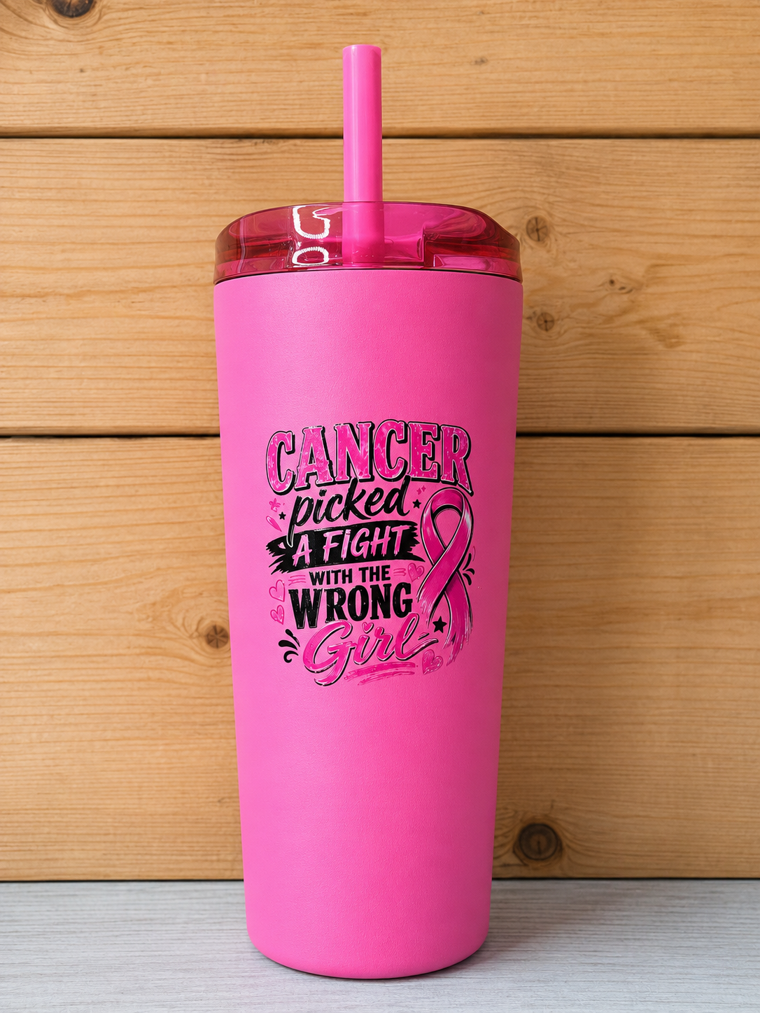 Cancer Picked a Fight with the Wrong Girl 26oz Stainless Steel Tumbler with Straw & Sip Lid