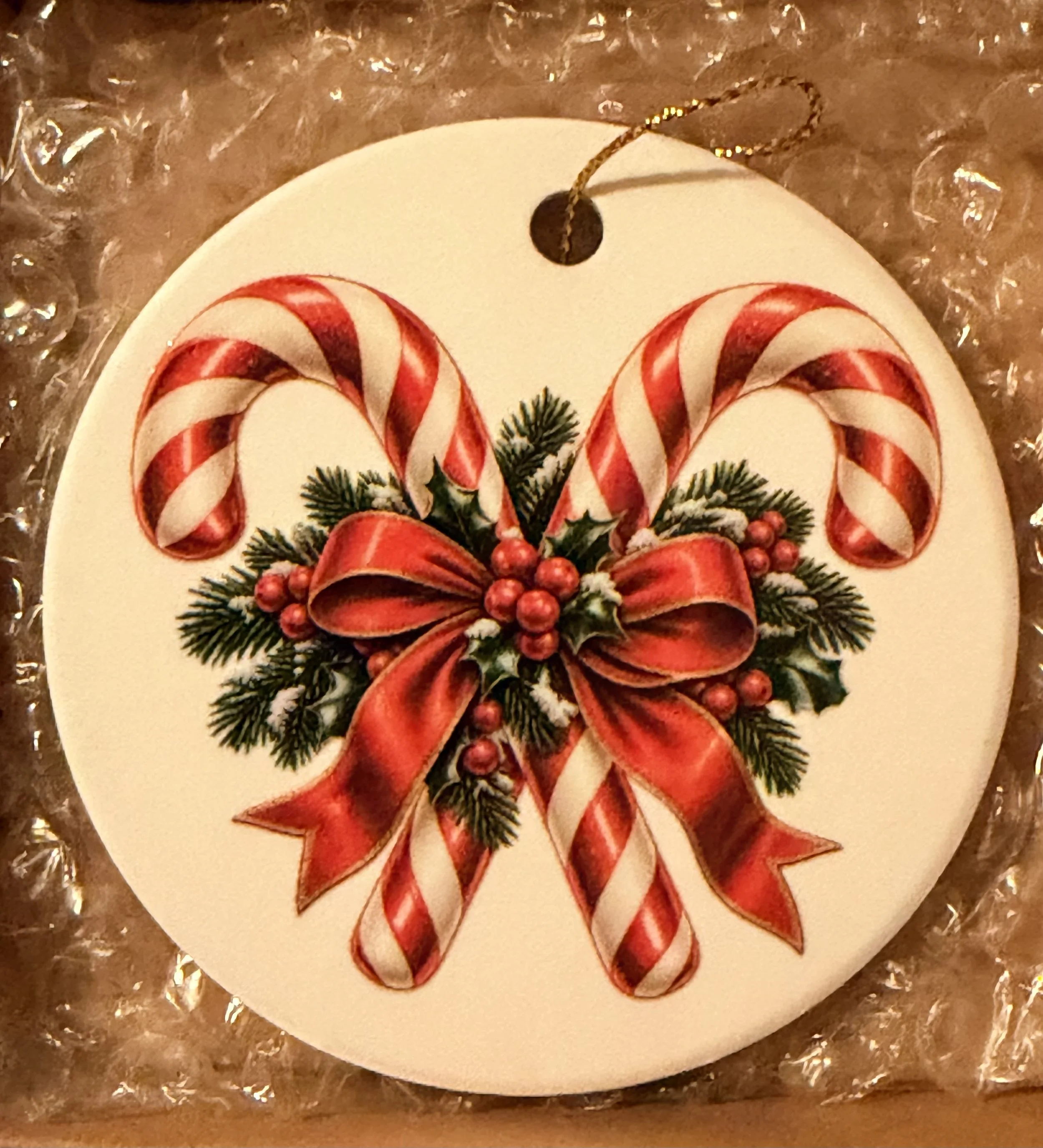 Classic Christmas Candy Canes & Red Bow – Ceramic Christmas Ornament