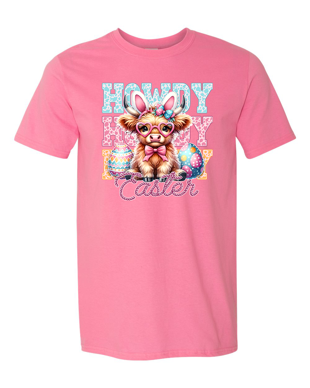 Howdy Easter Highland Cow Adult T-Shirt – Cute Bunny Cow Spring Graphic Tee