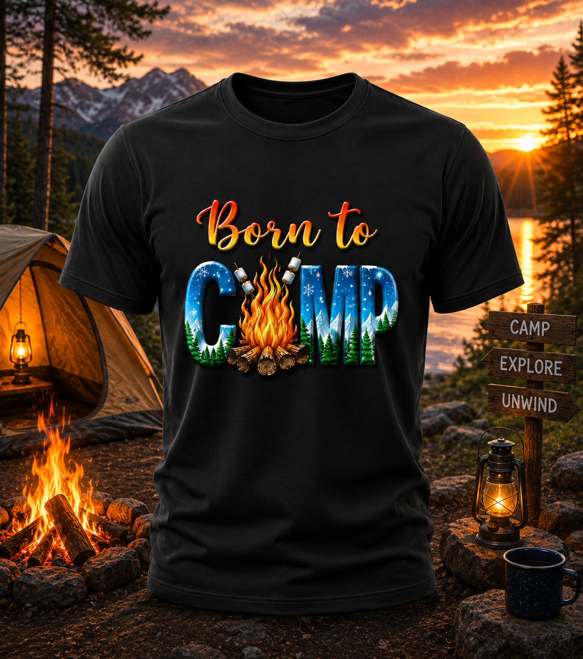 Born to Camp Campfire Adult T-Shirt