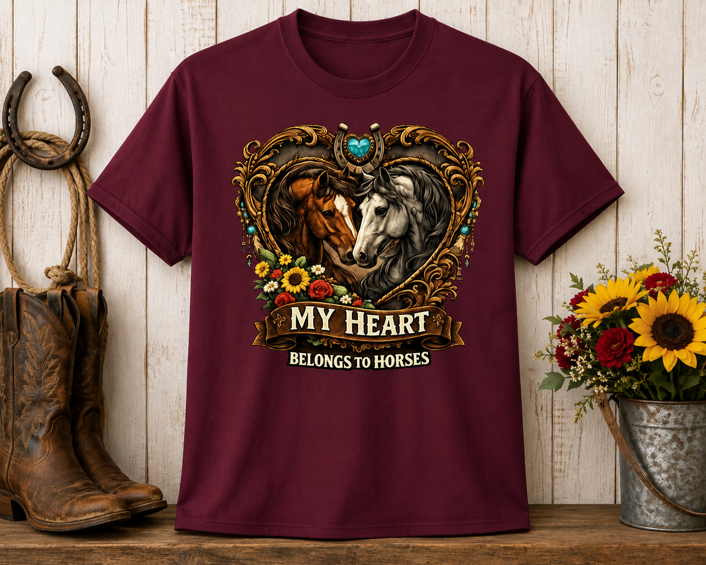 My Heart Belongs to Horses Adult Shirt | Horse Lover Tee
