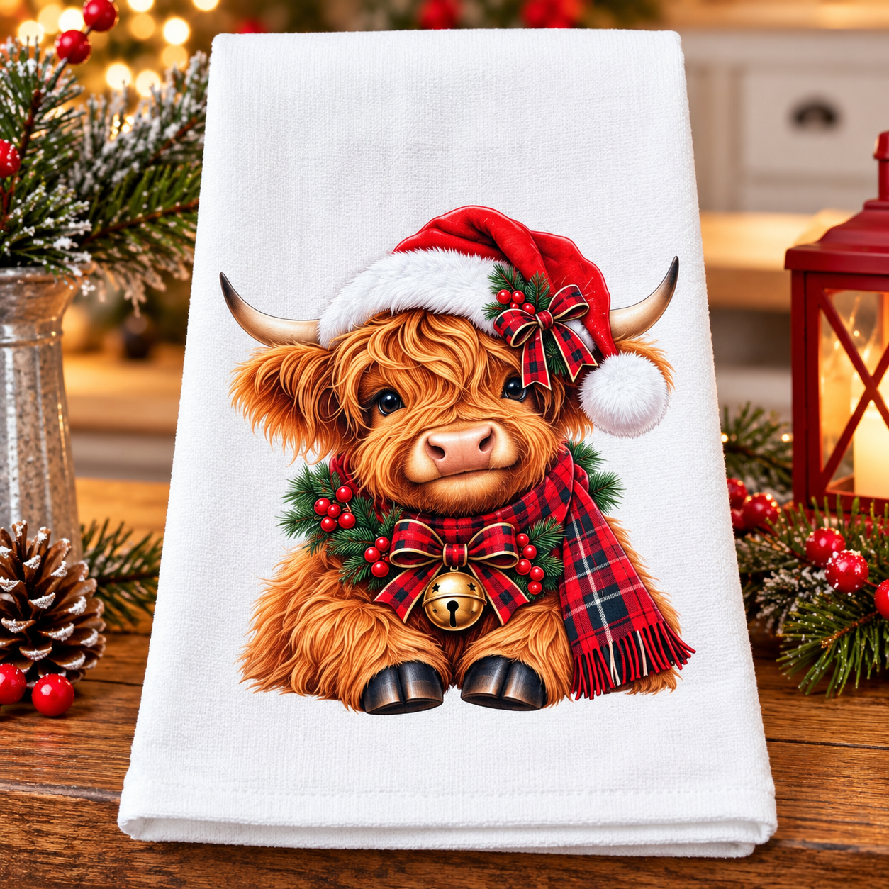 Christmas Highland Cow Kitchen Towel – Buffalo Plaid