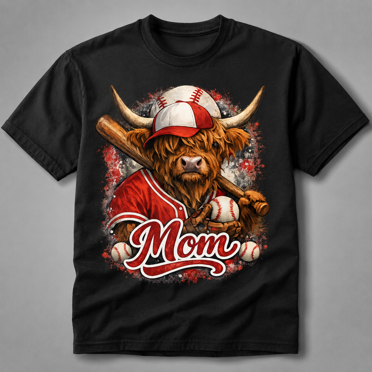 Highland Cow Baseball Mom Graphic T-Shirt