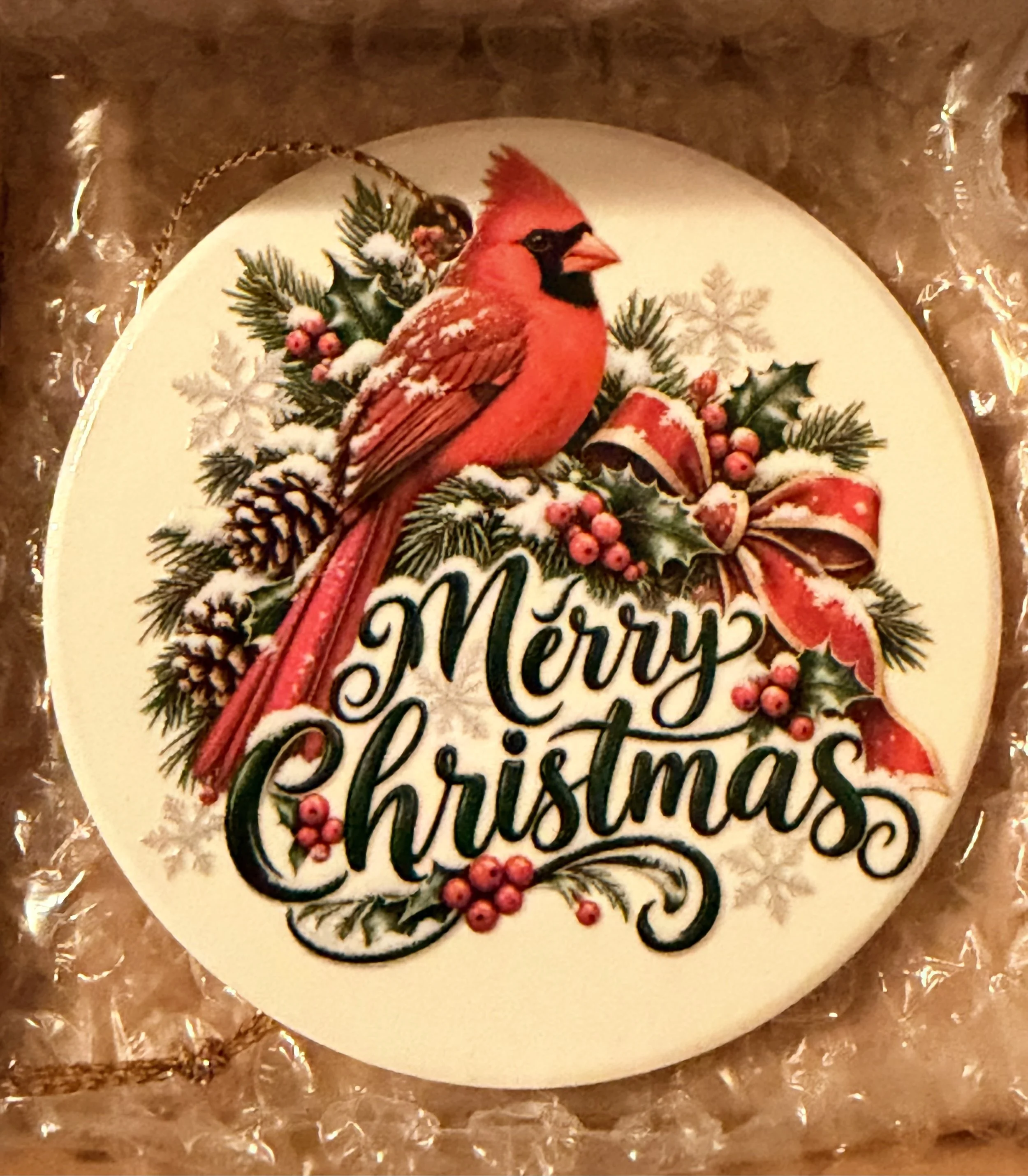 Merry Christmas Red Cardinal – Ceramic Christmas Ornament