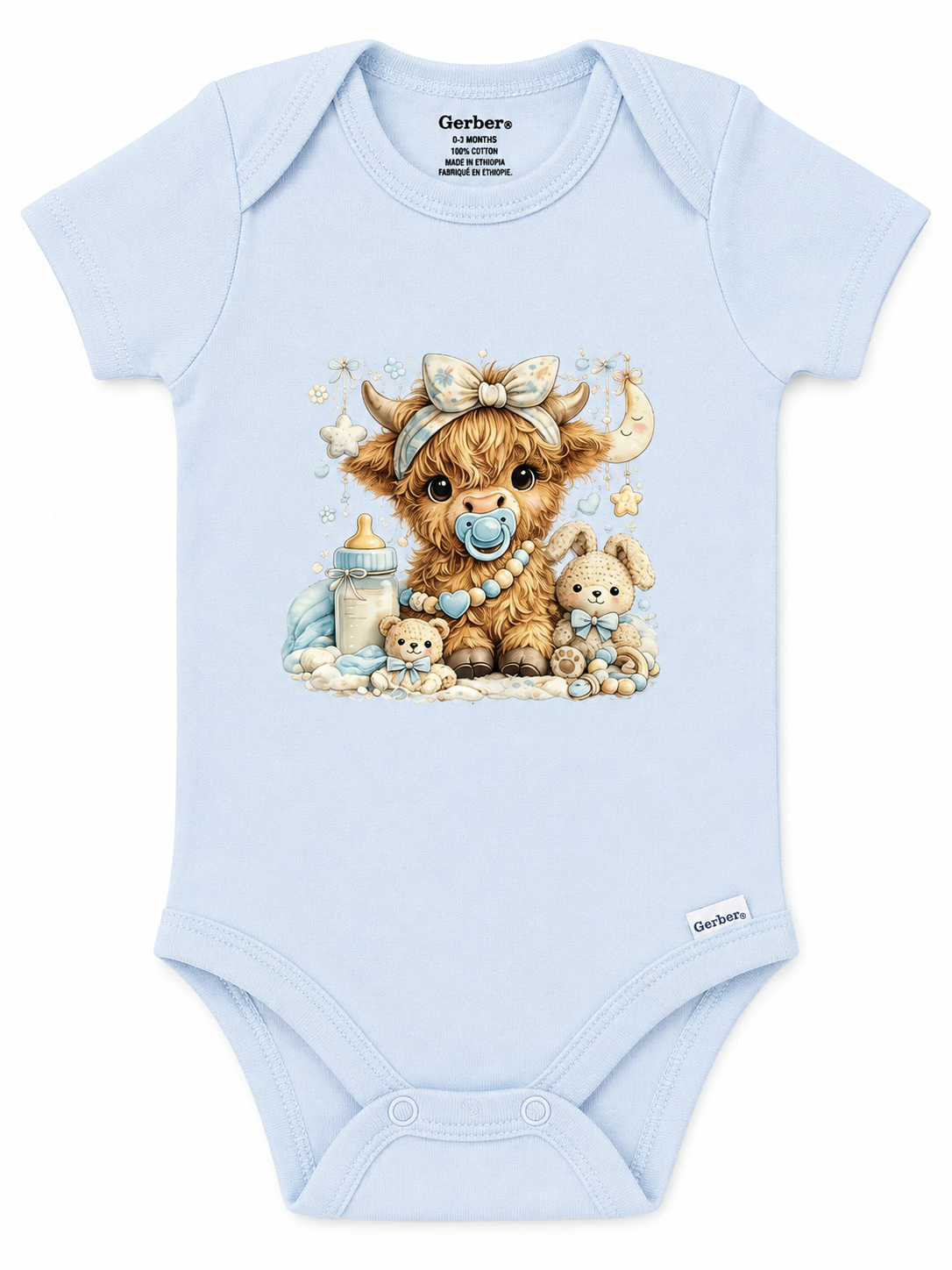 Sweet Baby Highland Cow Blue Onesie