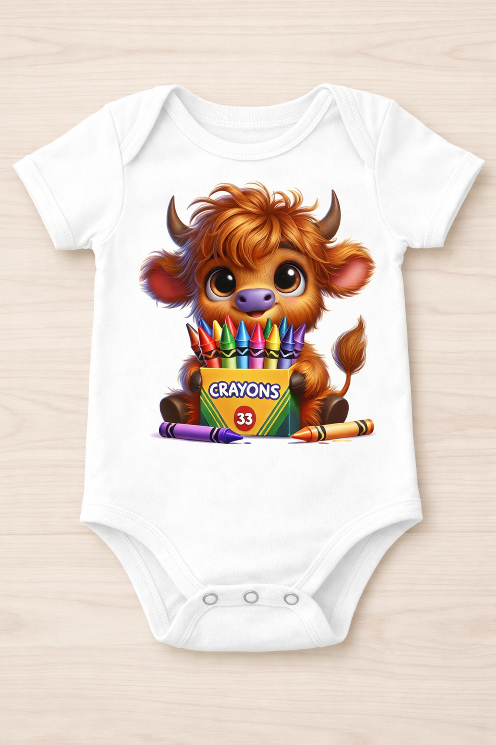 Colorful Highland Cow Crayons Onesie