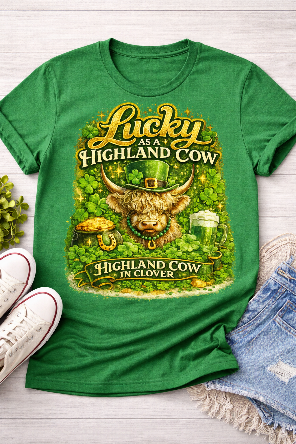 Lucky as a Highland Cow in Clover – St. Patrick’s Day Shirt