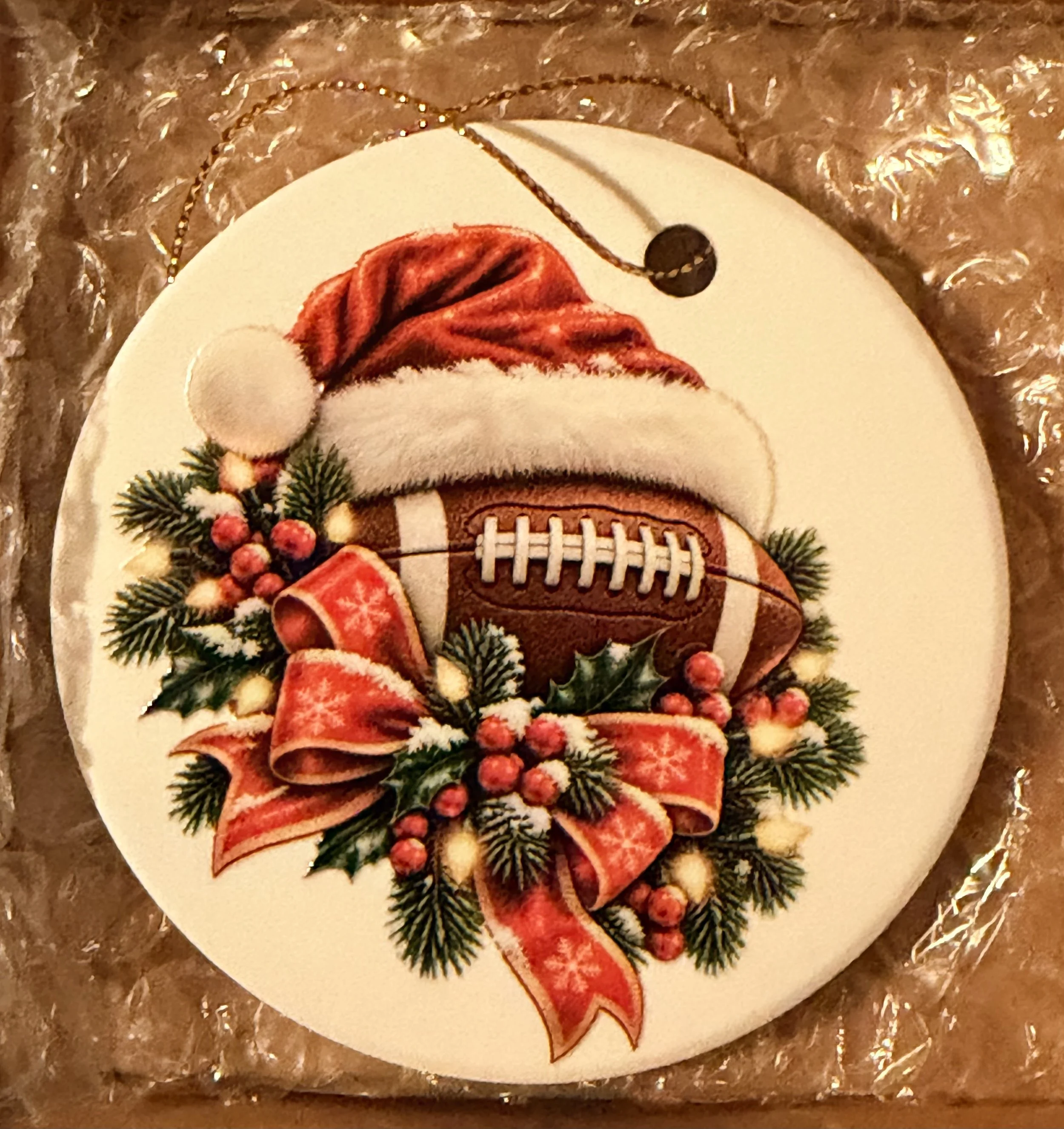 Christmas Football with Santa Hat & Festive Bow – Ceramic Christmas Ornament