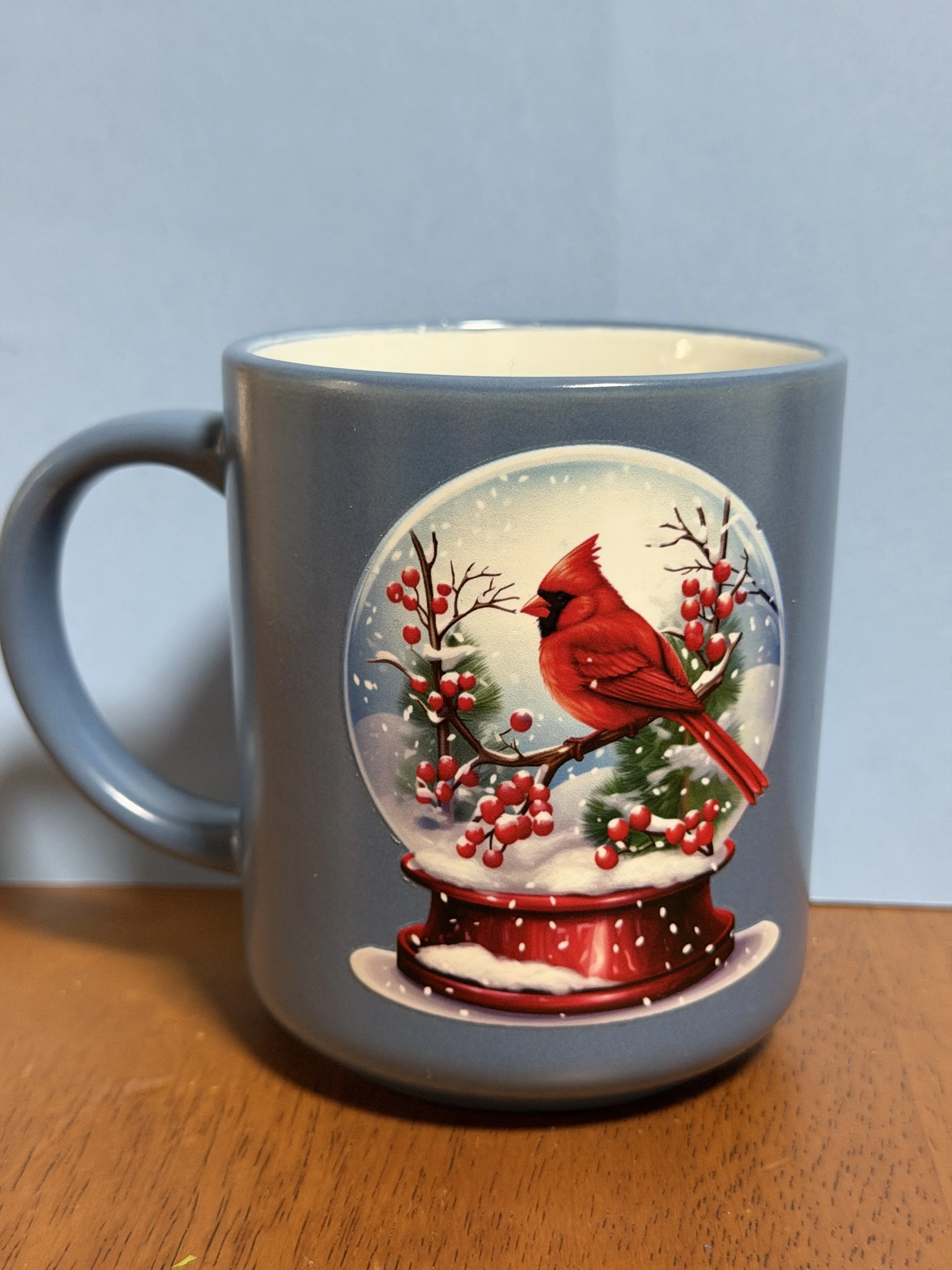 Christmas Cardinal Snow Globe Blue Ceramic Mug