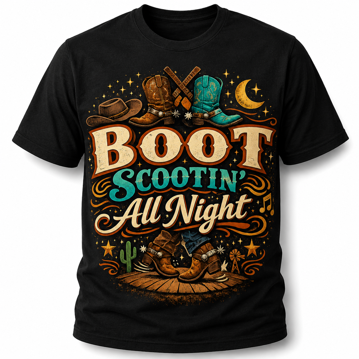 Boot Scootin' All Night (Brown) Country Western Graphic T-Shirt