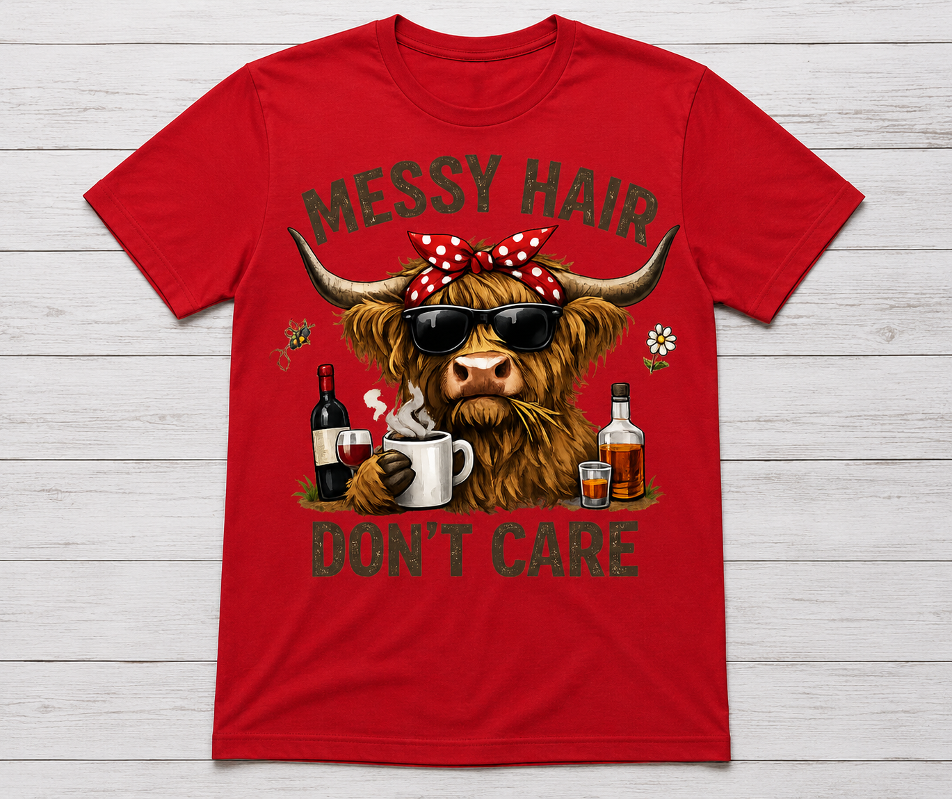 Messy Hair Don’t Care – Funny Highland Cow Adult T-Shirt