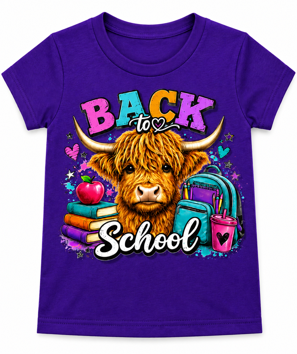 Back to School Highland Cow Adult T-Shirt – Colorful School Graphic Tee
