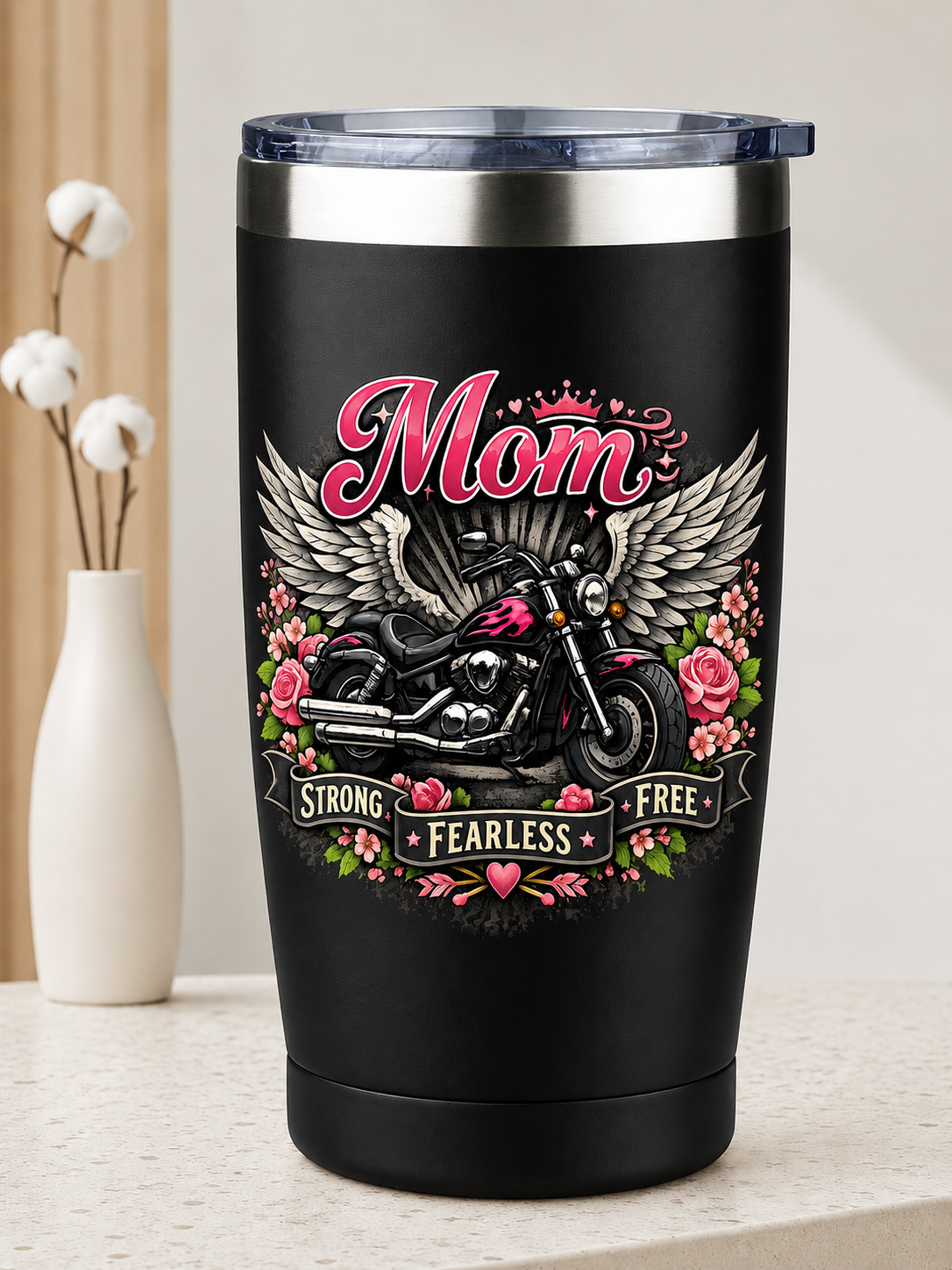 Strong Fearless Free Mom 20 oz Black Stainless Steel Tumbler with Lid