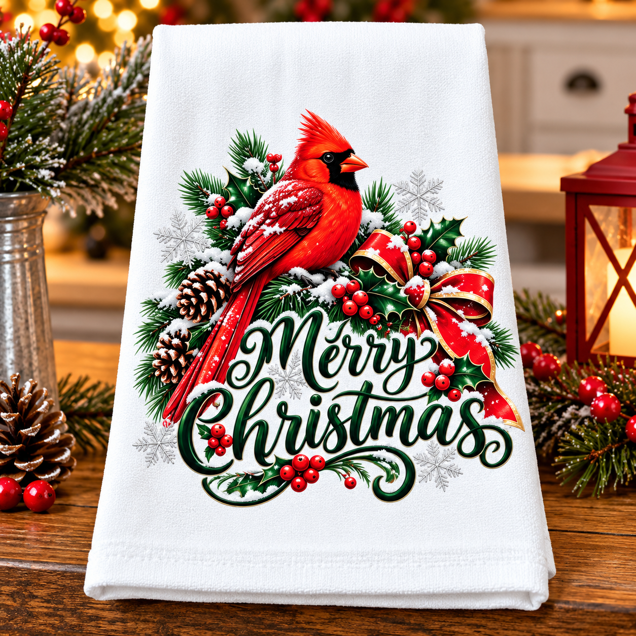 Merry Christmas Cardinal Kitchen Towel