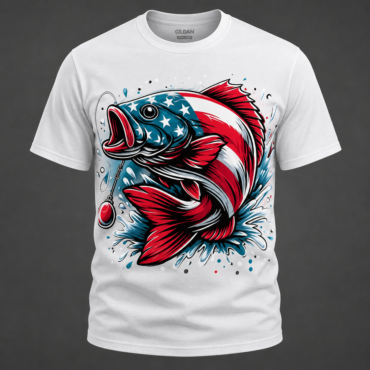 Patriotic American Flag Bass Fishing Adult T-Shirt