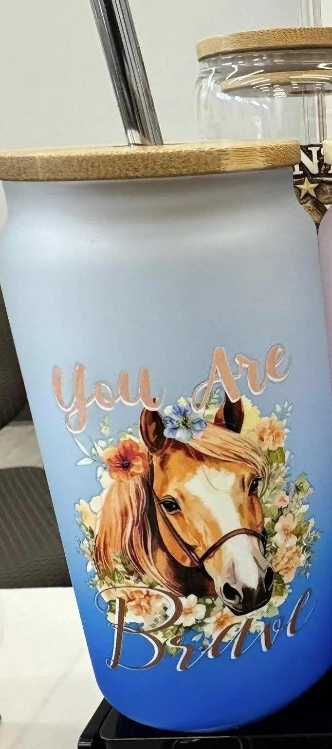 “You Are Braver” Horse Frosted Glass Tumbler (Blue)