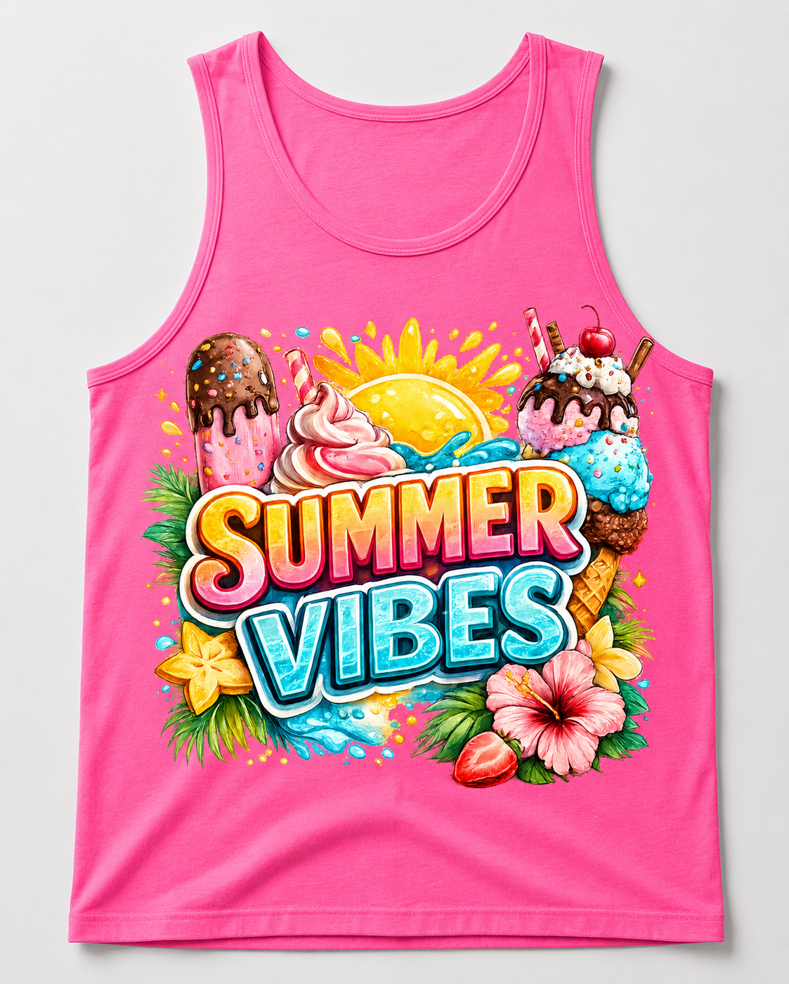 Summer Vibes Ice Cream Neon Pink Tank Top