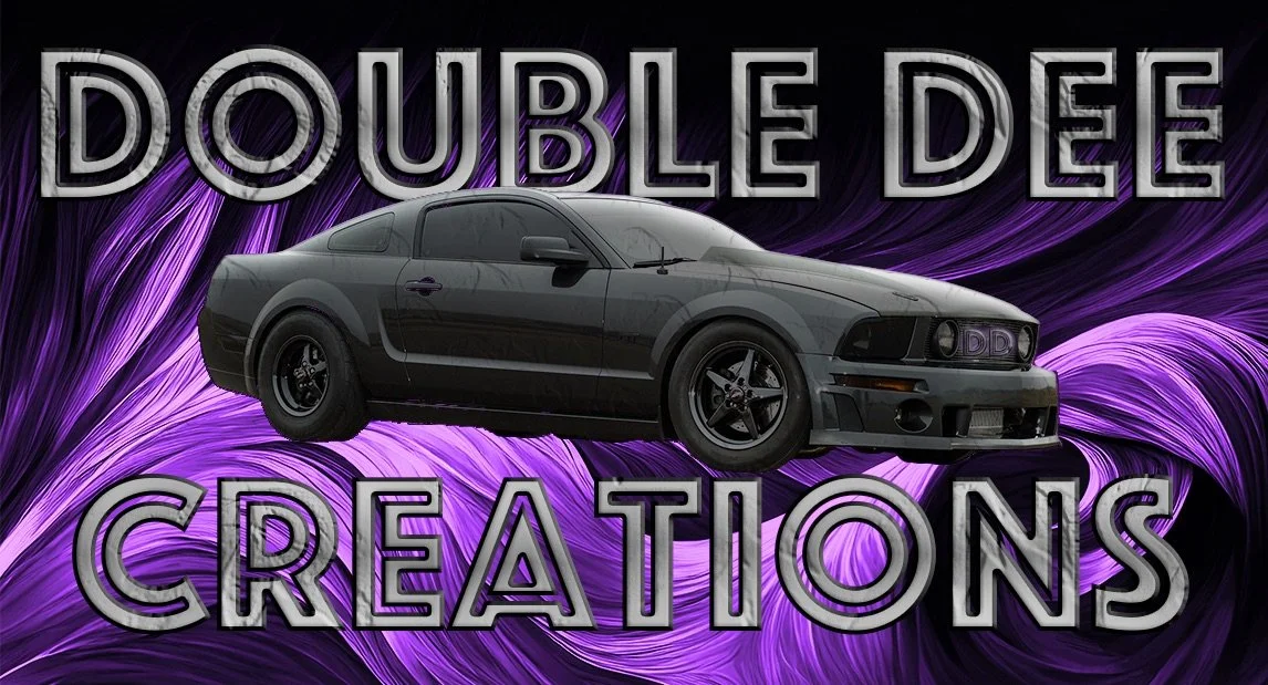 A black car with a sporty design in front of a purple swirling background, with the text 'Double Dee Creations' in large, bold letters.