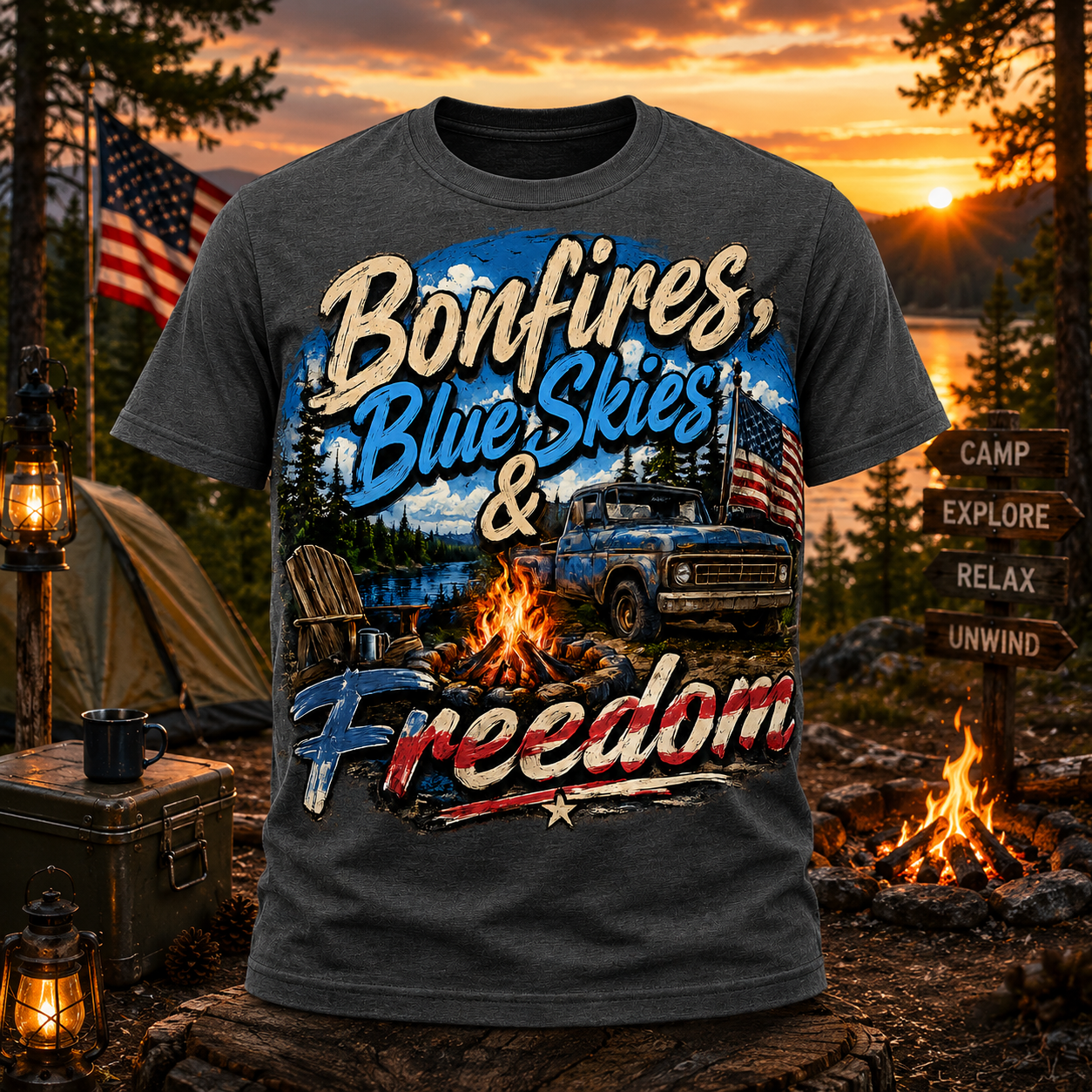 Bonfires, Blue Skies & Freedom Patriotic Camping Graphic T-Shirt