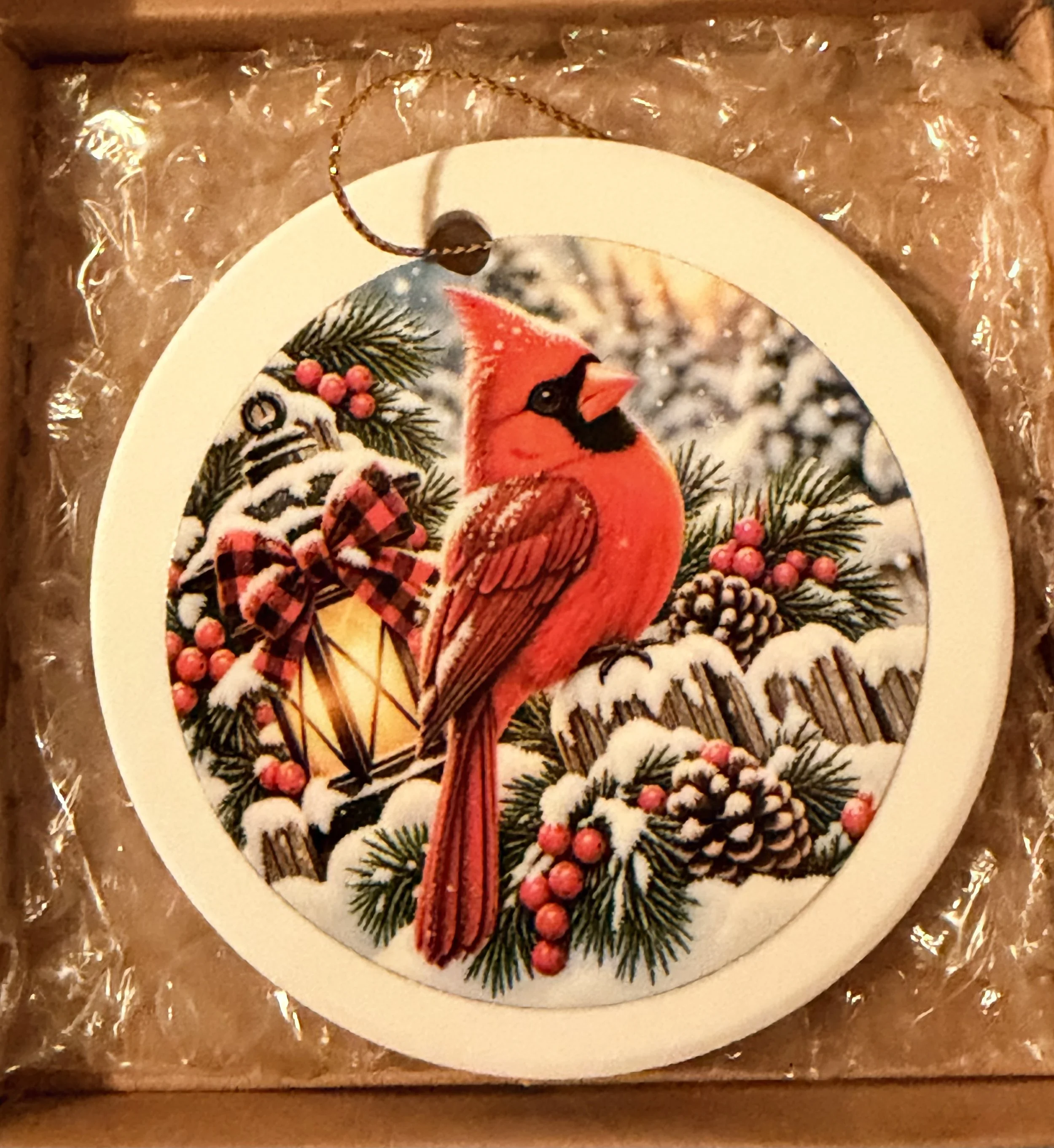 Winter Cardinal with Glowing Lantern – Ceramic Christmas Ornament