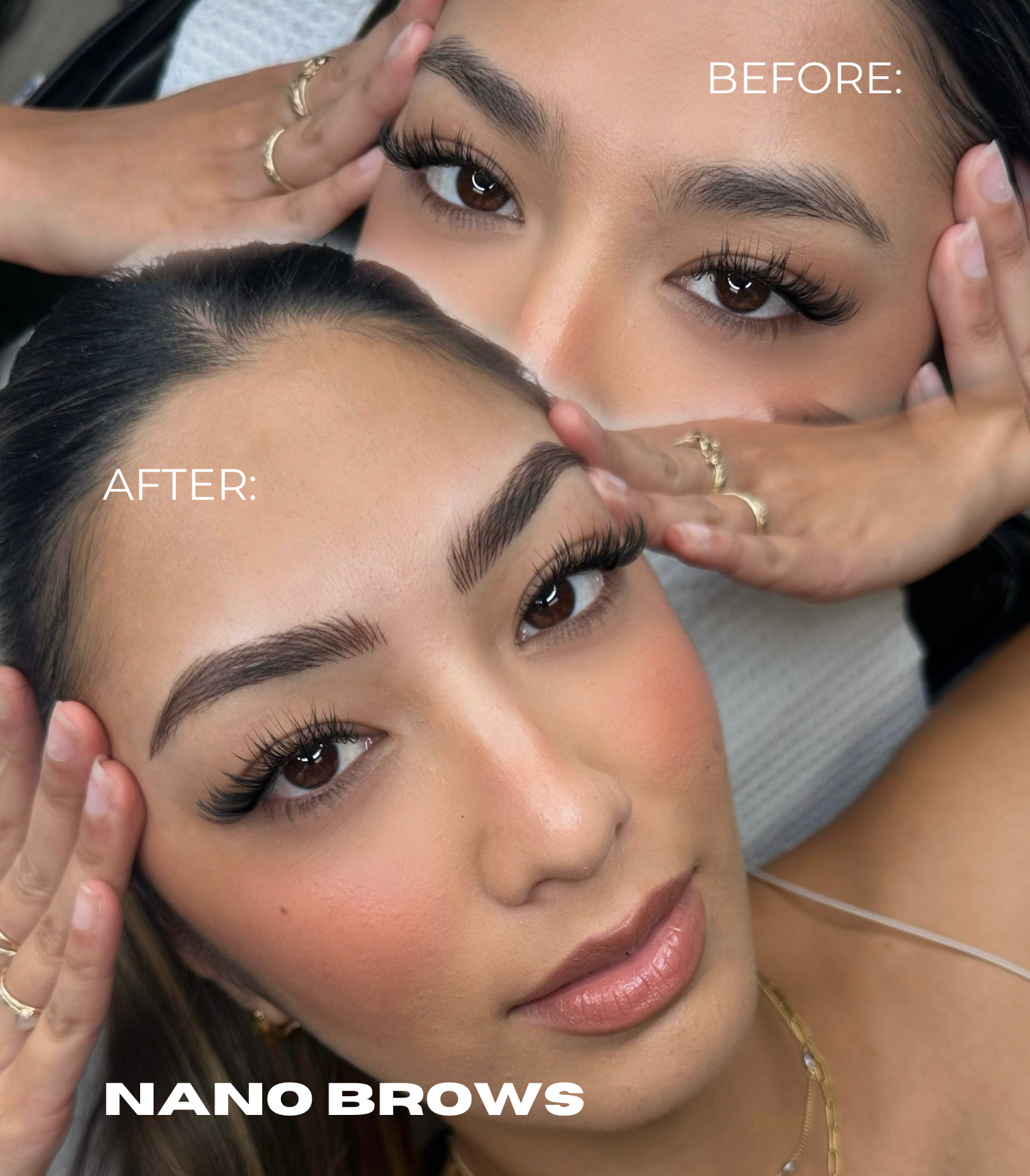 Nano brows before and after in San Diego showing natural hair stroke permanent makeup results.