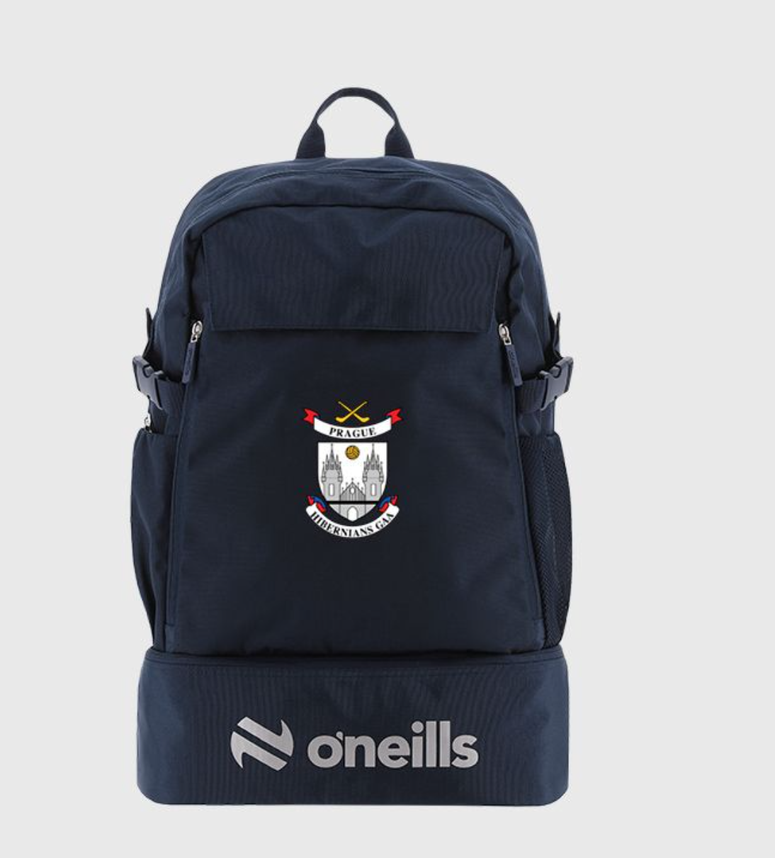 A navy backpack with a logo featuring a castle, crossed golf clubs, and a banner with 'Prague' and 'Hurricanes GAA'. The backpack has zippered compartments and side mesh pockets. The brand name 'O'neills' is visible on the bottom part of the backpack.