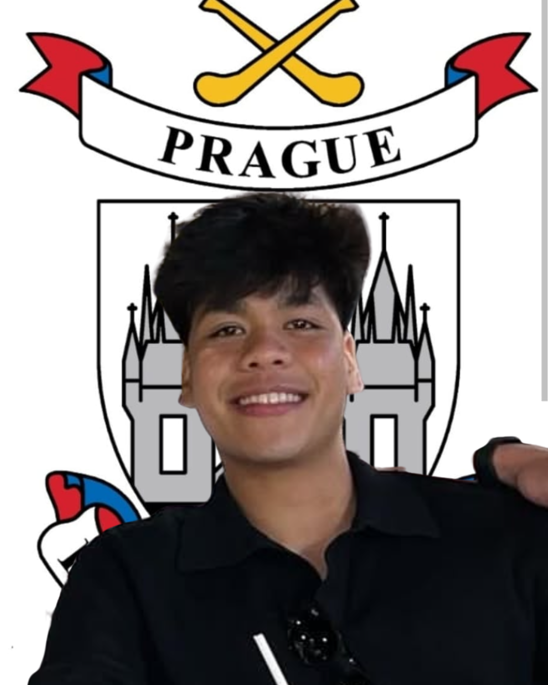 Simplified black and red icon of a person with a circular head and a curved body.