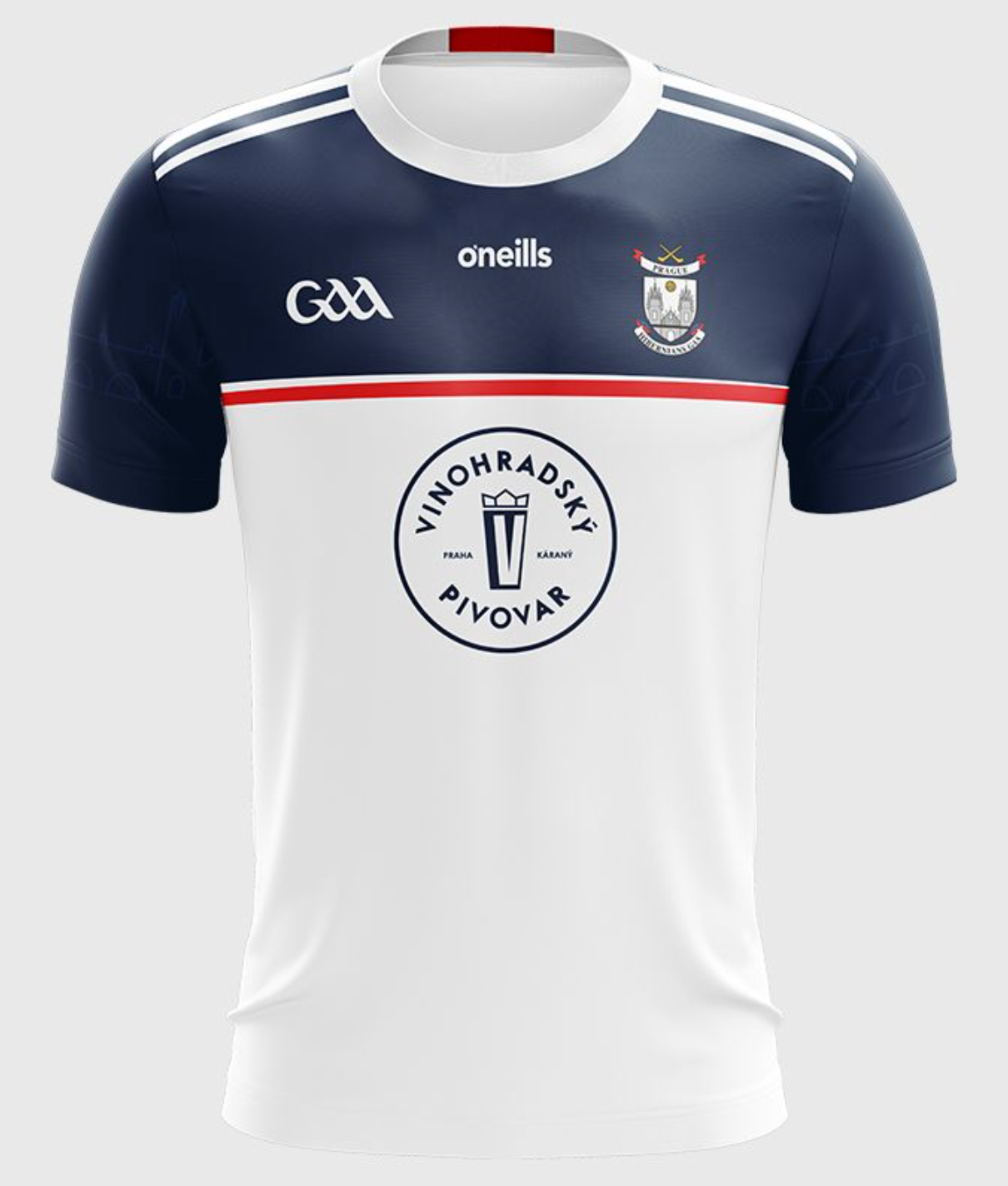 A sports jersey with a navy blue top and white bottom, featuring logos of a sports team and sponsors, and a crest on the left chest.