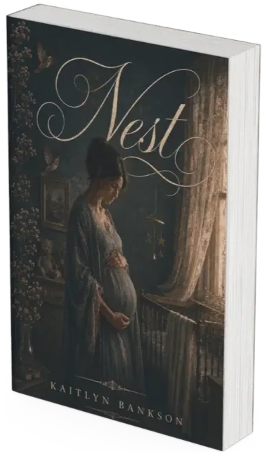 3D hardcover mockup of Nest by Kaitlyn Bankson, featuring a pregnant woman standing beside a baby's crib in a softly lit vintage nursery, symbolizing motherhood, anticipation, and emotional resilience.