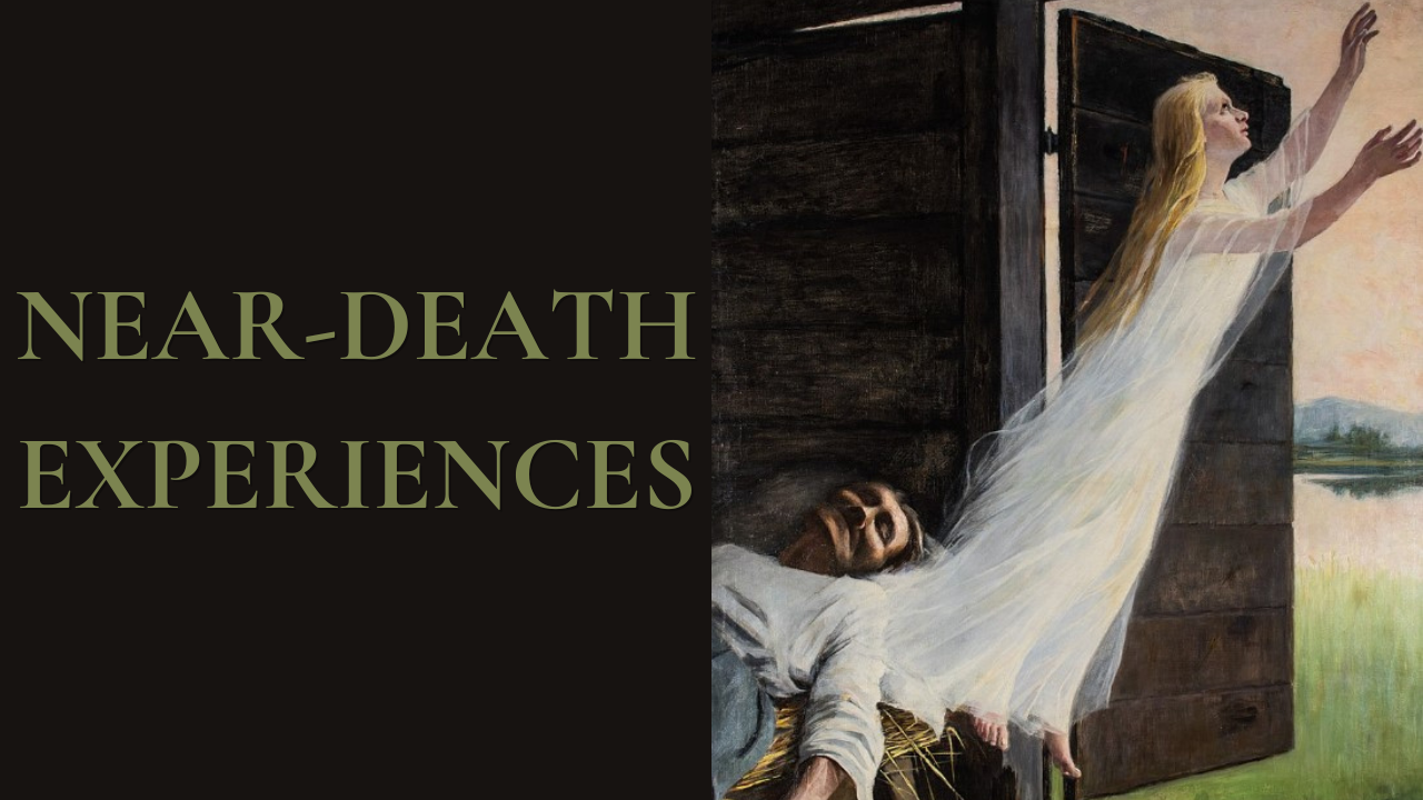 Thumbnail titled "Near-Death Experiences" featuring an illustration of a luminous, translucent woman rising from her physical body toward an open doorway, symbolizing an out-of-body experience and the mystery of consciousness after death.