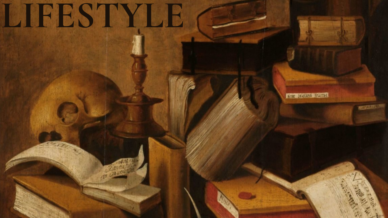 YouTube thumbnail for "Lifestyle" featuring a seventeenth-century vanitas still life with antique books, an open manuscript, a candle, and a human skull on a wooden table, with the title "LIFESTYLE" in large black lettering.