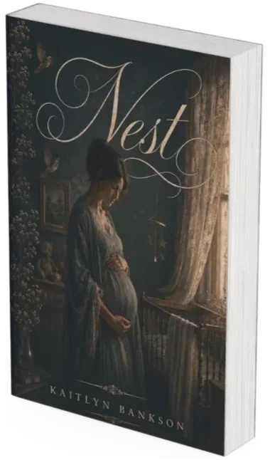 3D hardcover mockup of Nest by Kaitlyn Bankson, featuring a pregnant woman standing beside a baby's crib in a softly lit vintage nursery, symbolizing motherhood, anticipation, and emotional resilience.