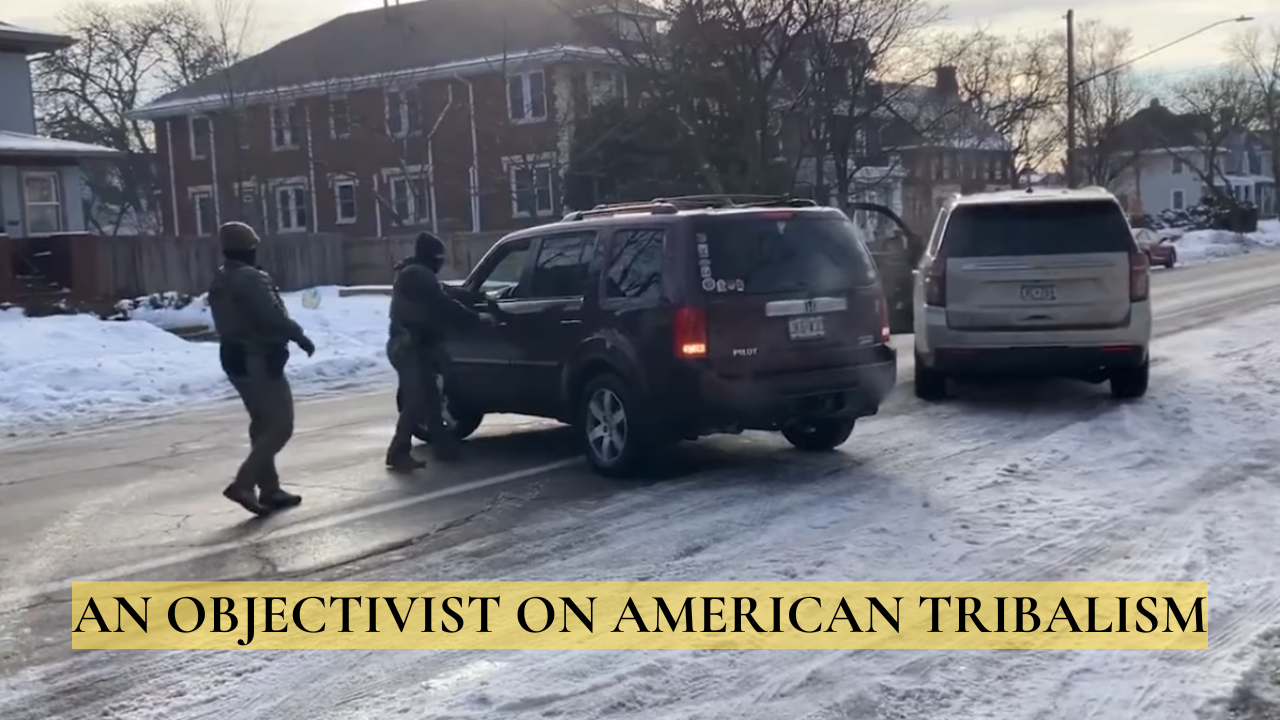 Thumbnail titled "An Objectivist on American Tribalism" showing armed law enforcement officers approaching an SUV during a snowy traffic stop, symbolizing political polarization, social conflict, and tribal divisions in America.