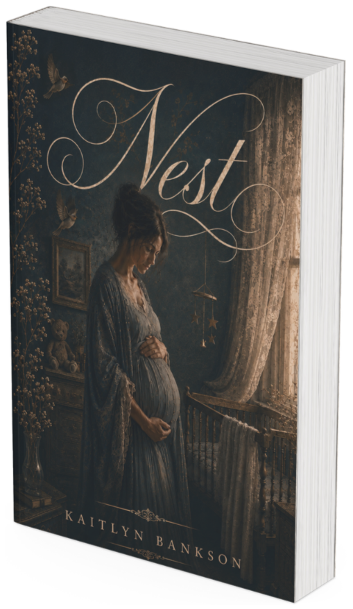 3D hardcover mockup of Nest by Kaitlyn Bankson, featuring a pregnant woman standing beside a baby's crib in a softly lit vintage nursery, symbolizing motherhood, anticipation, and emotional resilience.