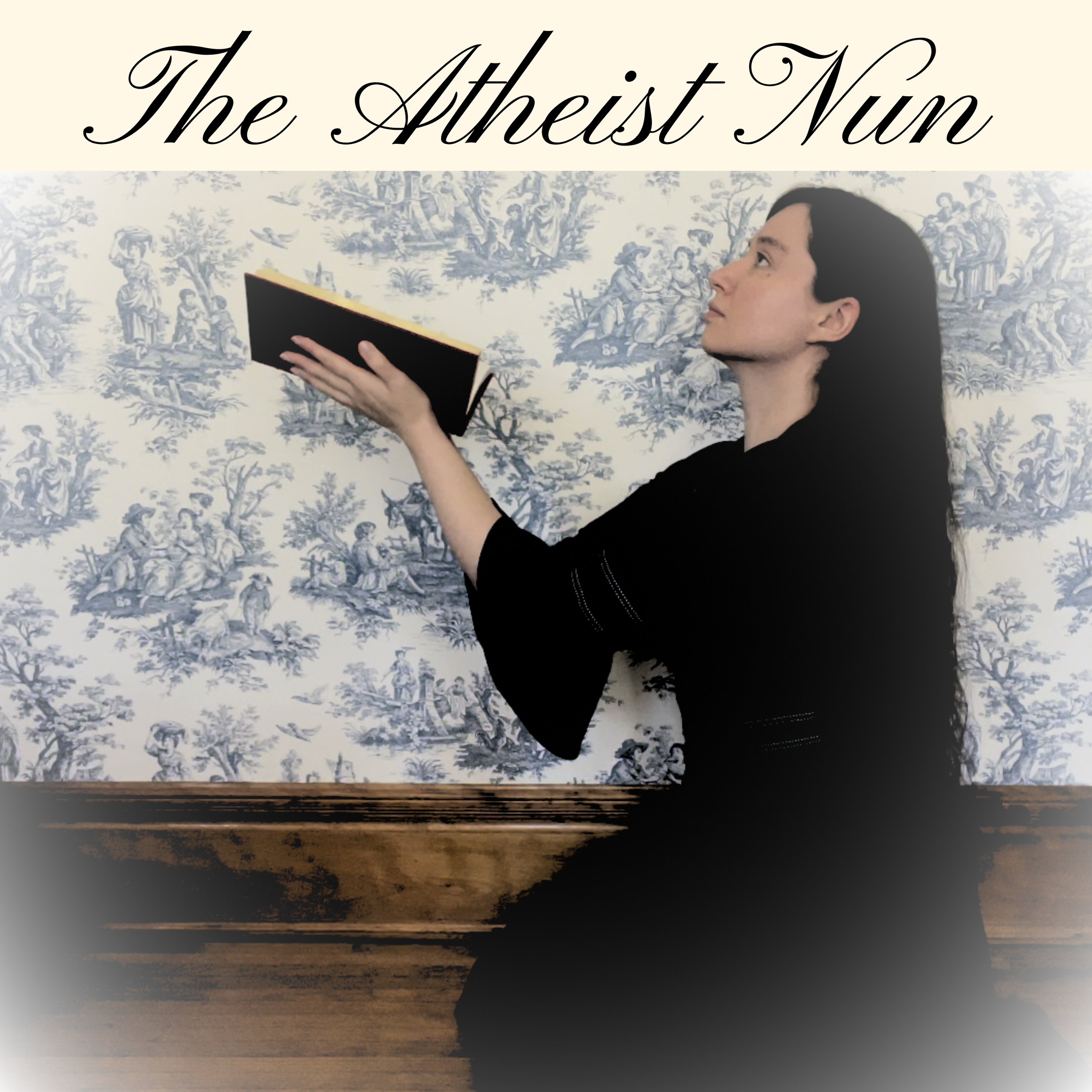 Podcast cover art for The Atheist Nun featuring a woman in a black dress holding an open book while looking upward, set against blue-and-white toile wallpaper with the title "The Atheist Nun" in elegant black script across the top.