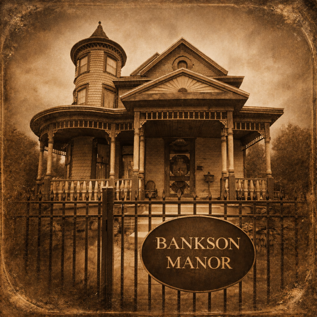 An old Victorian house called Bankson Manor with a tower, front porch, and elaborate woodwork, enclosed by a fence with a sign in front displaying its name.