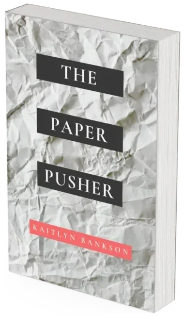 3D mockup of the paperback novel The Paper Pusher by Kaitlyn Bankson, featuring a minimalist cover with a crumpled white paper background and bold black title blocks.