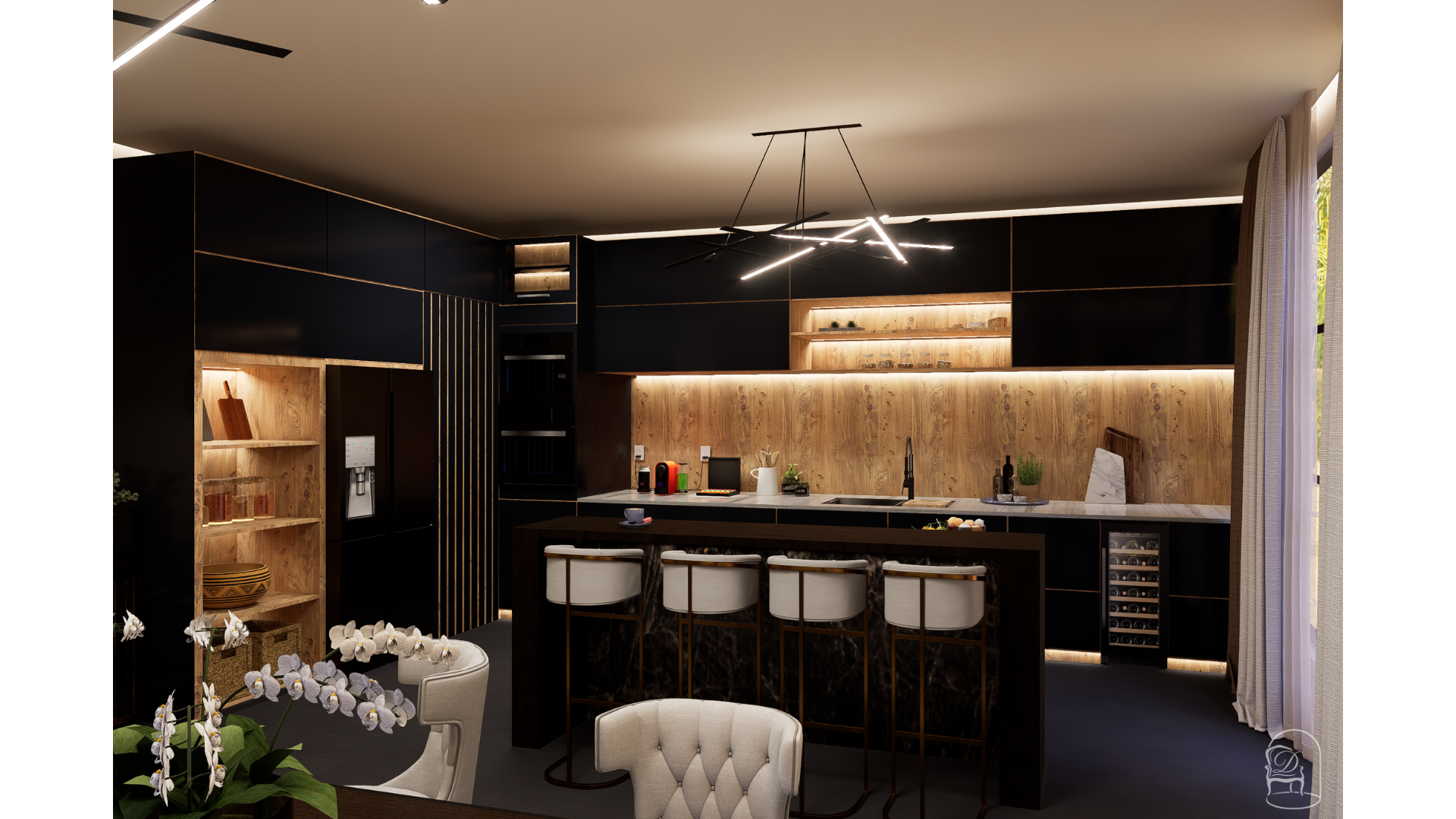 Open-plan kitchen view with navy blue cabinetry, sculptural pendant lighting and a central island designed for both cooking and socialising.