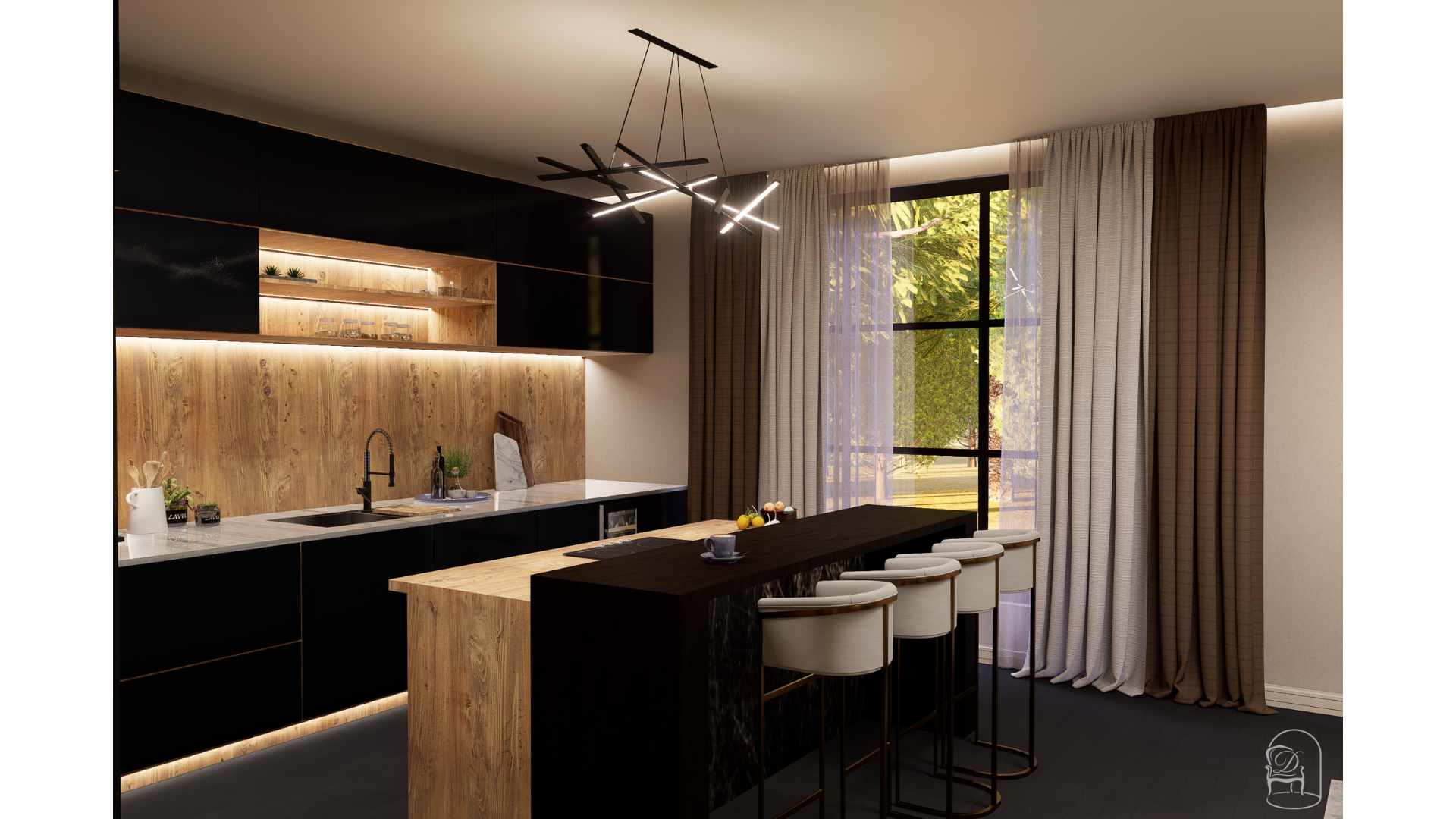Modern kitchen concept featuring dark navy blue cabinetry, warm wood accents, a sleek island and floor-to-ceiling curtains that bring in natural light — 3D interior design by Decorinity.