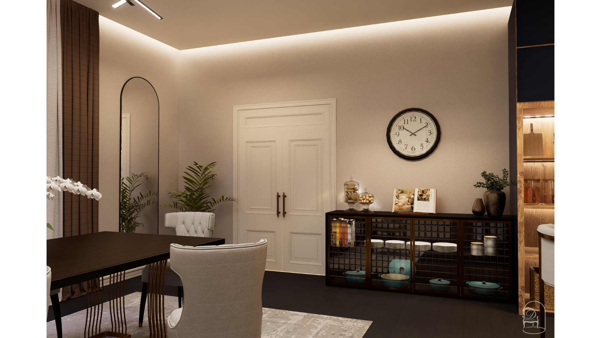 Corner dining view showing double doors, indoor plants and decorative accents that enhance the warmth and sophistication of the space.